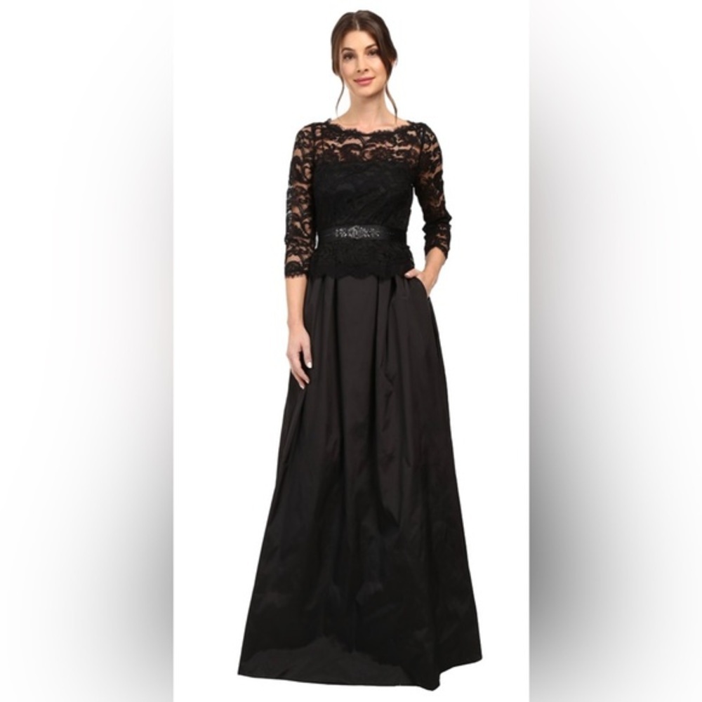 Adrianna Papell‎ black bateau neckline Lace Taffeta Ball Gown maxi dress size 4